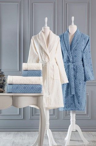 Özdilek Aile Bornoz Seti Pastoral Krem-Lacivert
