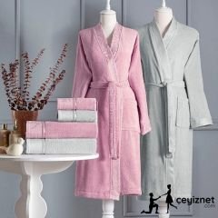 Özdilek Aile Bornoz Seti Ditsy Gri pembe