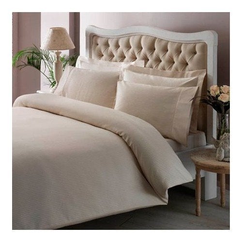 Taç Premium Basic Stripe Çift Kişilik Pamuk Saten Nevresim Takımı Krem