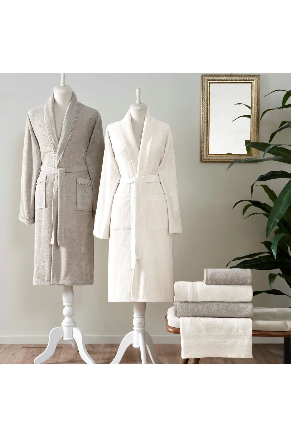 Tac Flame Bambu Aile Bornoz Seti Ekru-Vizon