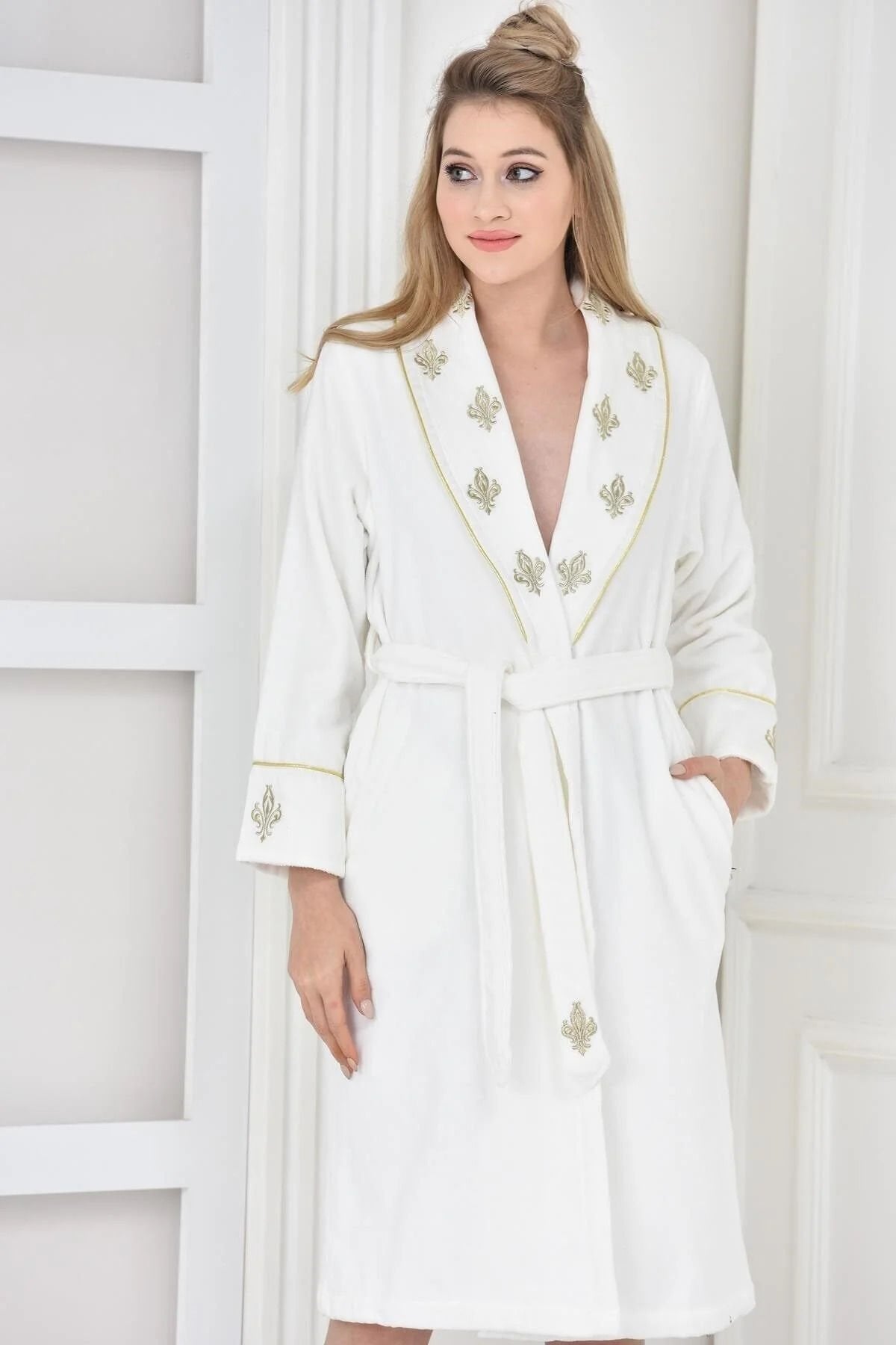 Ecocotton Aslışah Aile Bornoz Seti %100 Organik Pamuk Nakışlı Krem/Krem - M/L