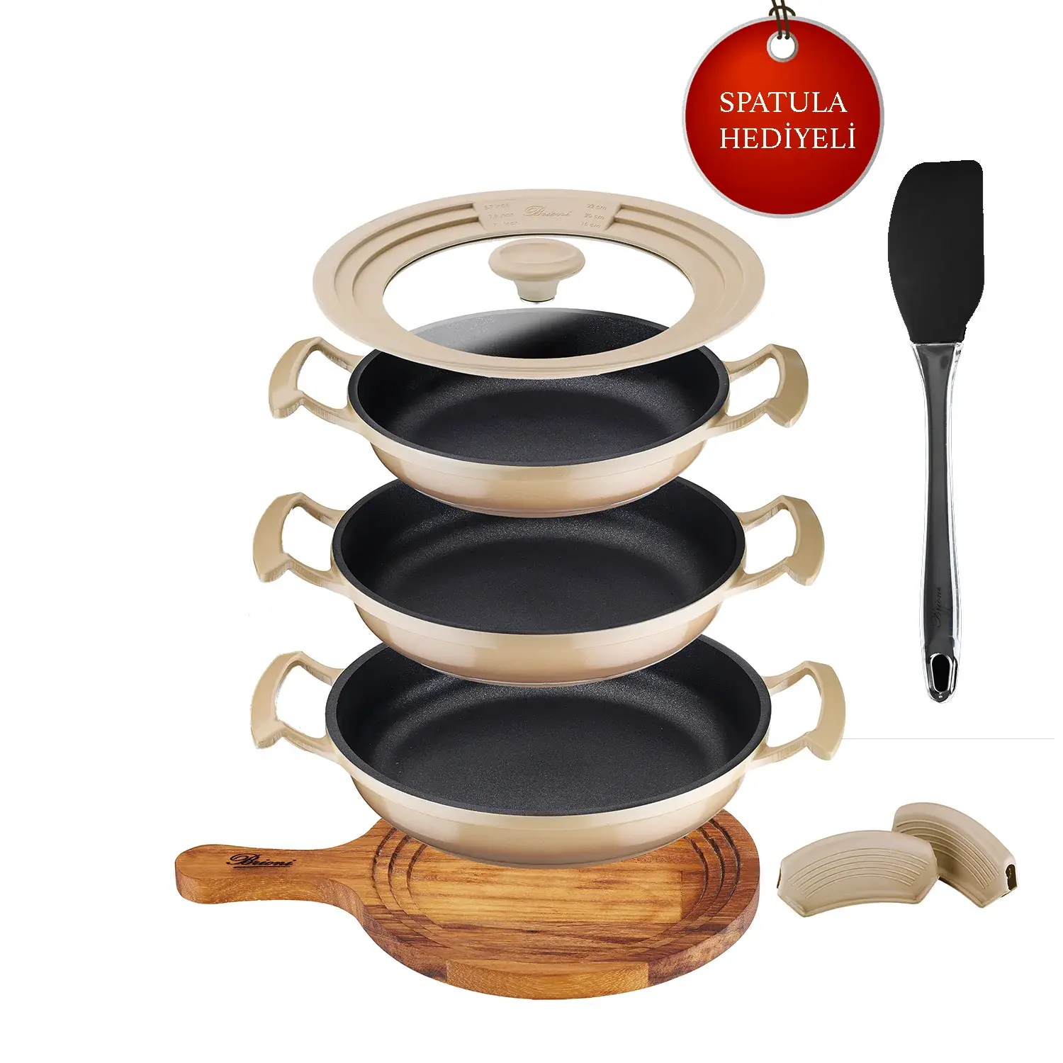 Brioni Sahan seti Try Cook 7 Parça Beji Yanmaz Yapışmaz Diamond Kaplama