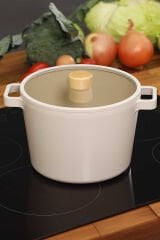 Fika Alüminyum Döküm Cam Kapaklı Derin Tencere 26 Cm Bej