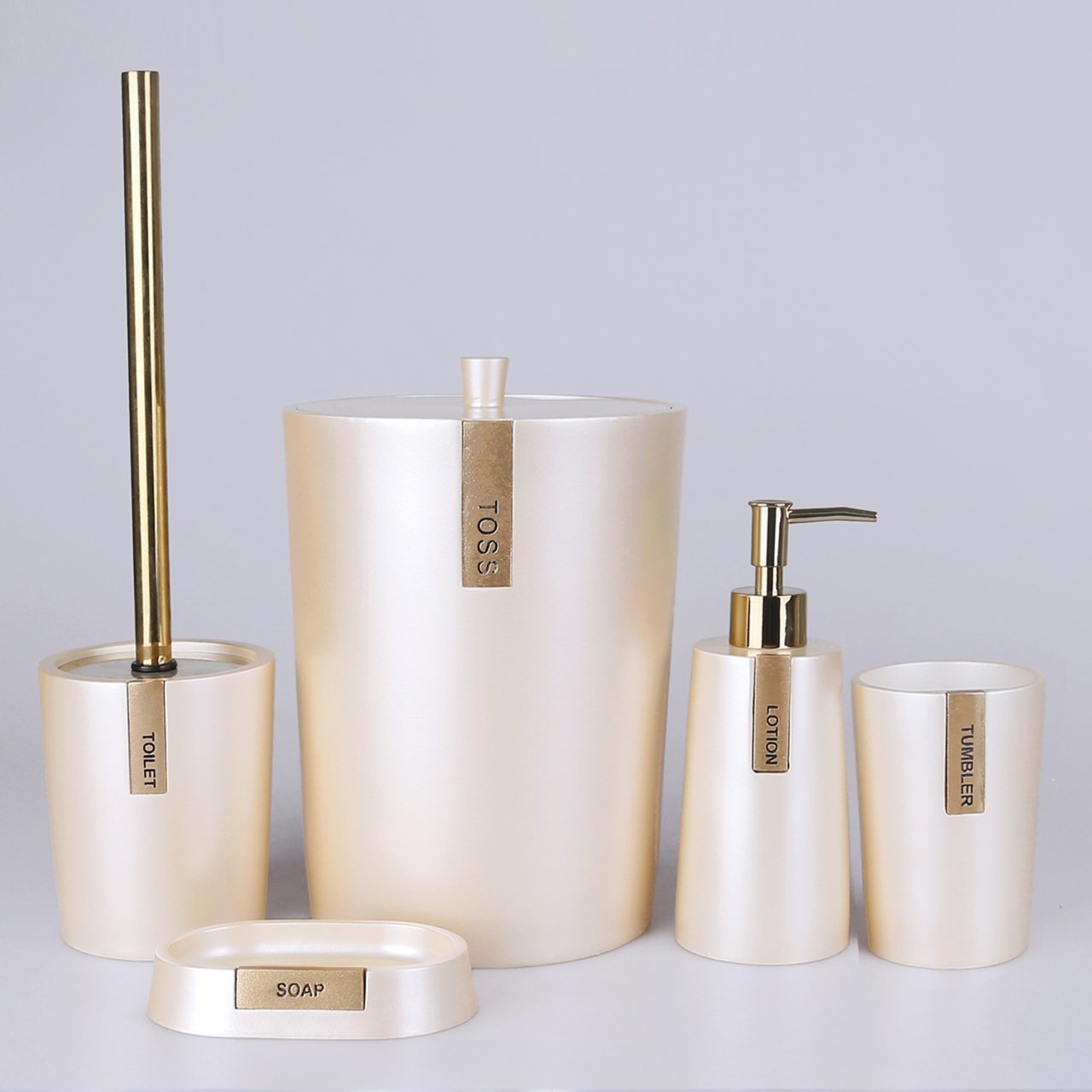 By Selim 5 Parça Polyester Troy Banyo Takımı Seti İnci-Altın